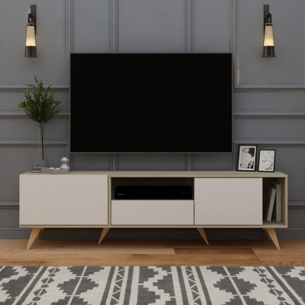 طاولة-تلفزيون-خشبية-لون-أبيض-مع-خشبي-MN-638